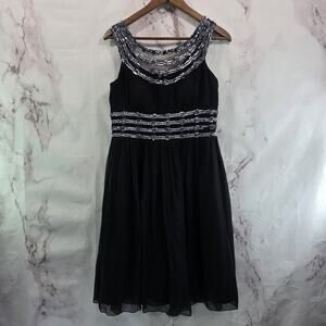 Adrianna Papell Dress Womens 8 Black Tulle Sequin Tank Sleeveless Sheath Knee